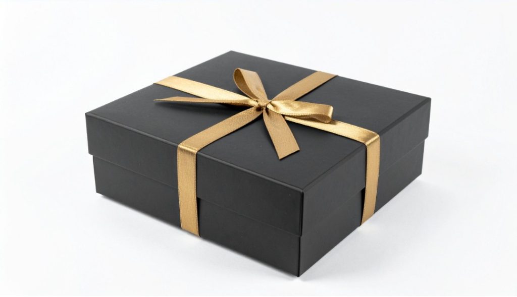 Caja negra de regalo con cinta y lazo dorado